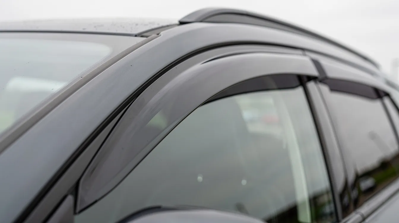 A close-up view of a car's side window features a smoke-tinted rain guard deflector mounted above the glass, designed to protect against rain and excessive wind while enhancing the vehicle's aesthetics. This installation is typical for models like the Toyota Corolla, providing both functionality and style for side windows.