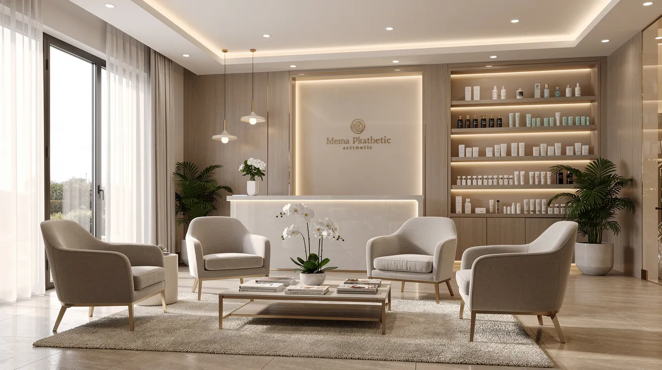 The image depicts an elegant spa or medical aesthetics waiting room featuring modern décor, designed to create a calming atmosphere for clients seeking treatments for issues like sagging skin and turkey neck. Soft lighting and stylish furniture enhance the serene environment, ideal for those considering skin tightening treatments or neck lift procedures.