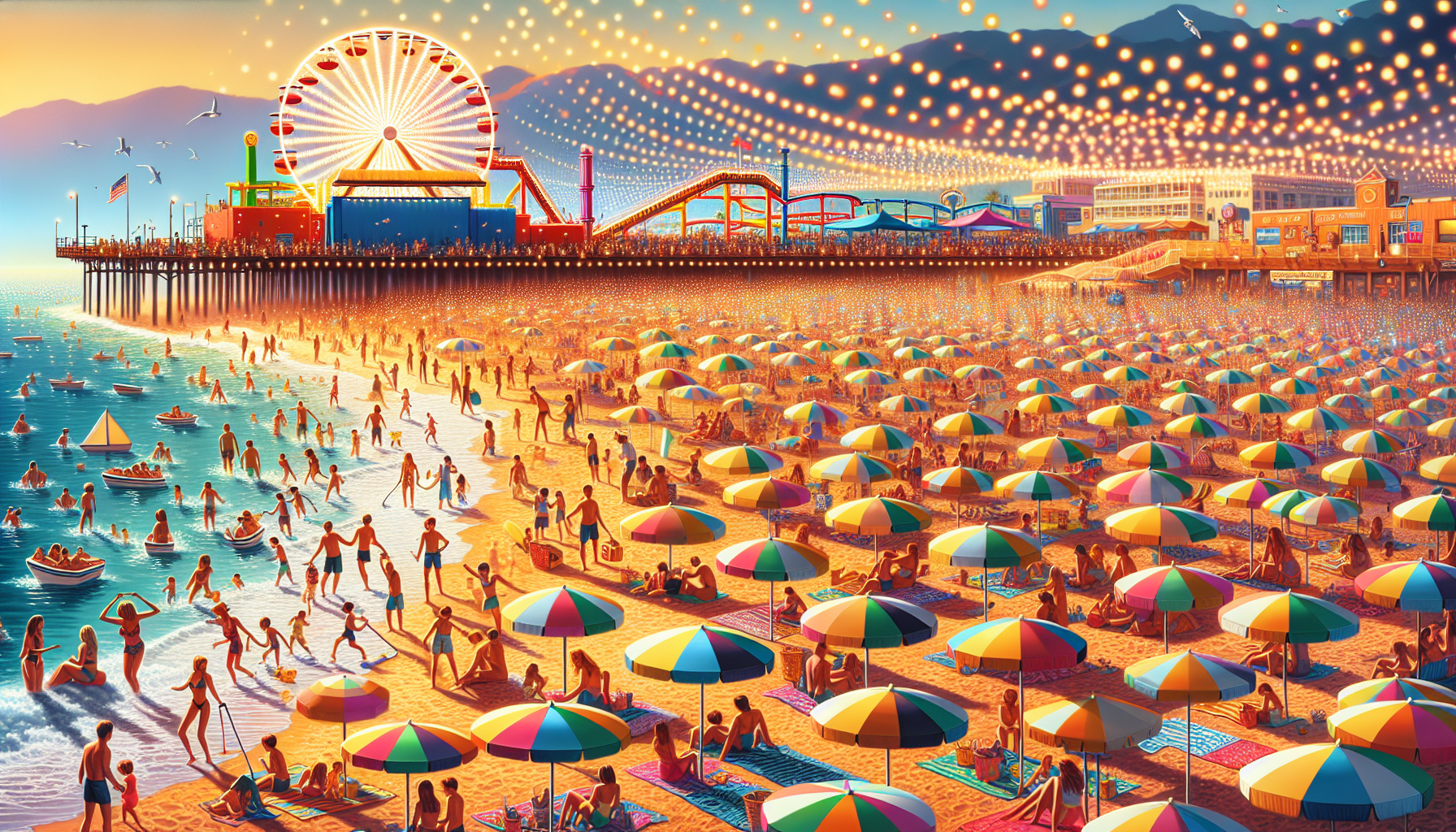 A cheerful illustration of Santa Monica Beach, featuring people enjoying various beach activities and the iconic pier in the background.