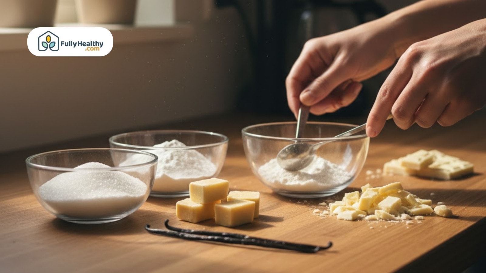 Hands measuring ingredients with bowls of sugar cocoa butter and vanilla on wooden counter