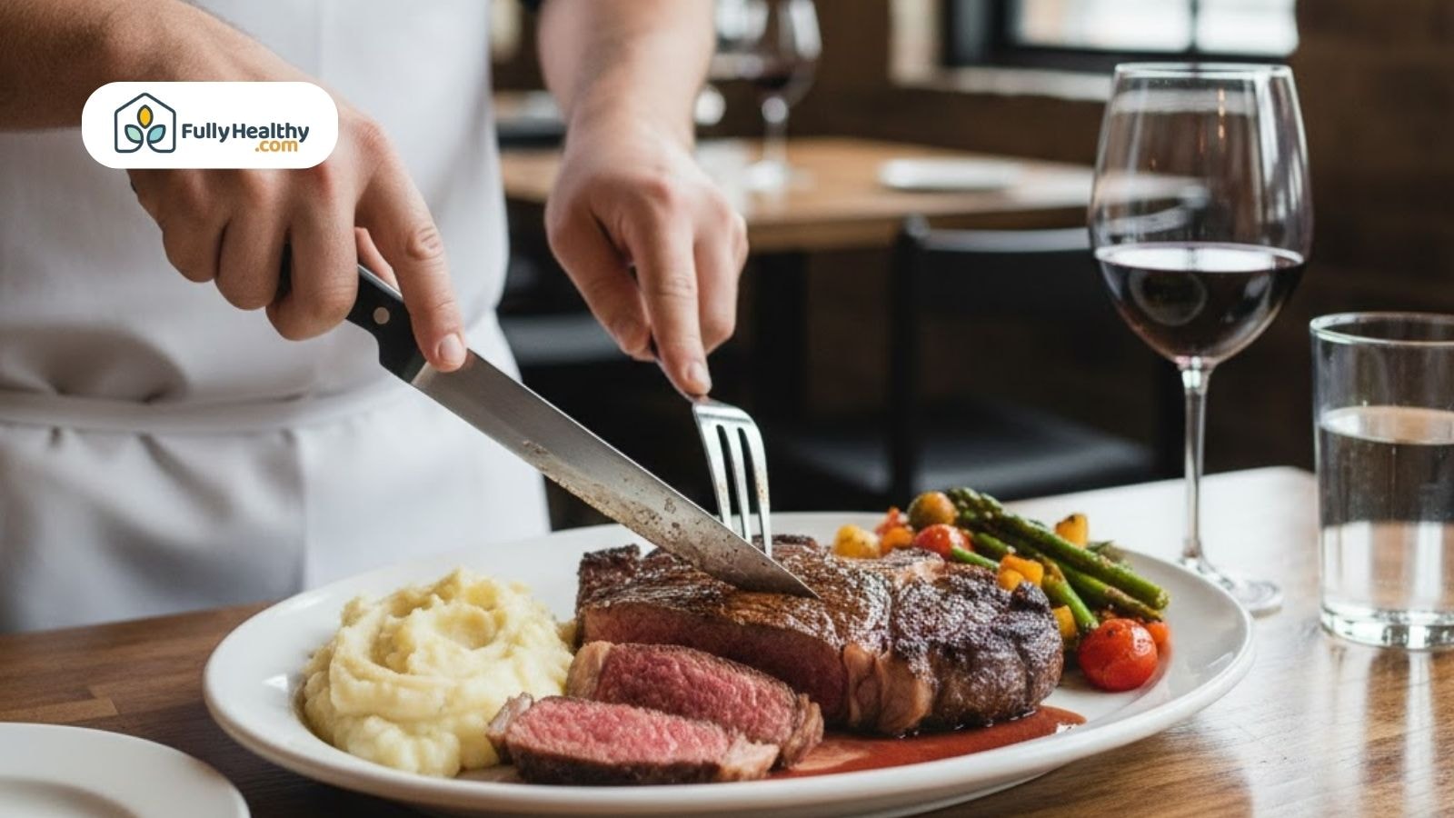 Chef slicing cooked porterhouse steak with mashed potatoes and red wine