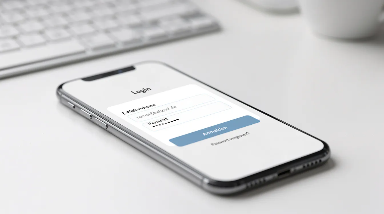 Das Smartphone zeigt ein generisches Login-Formular mit Eingabefeldern für die E-Mail-Adresse und das Passwort, um Zugang zum Online-Kundenportal von Energis zu erhalten. Auf dem Bildschirm sind auch Hinweise zu den Vertragsbedingungen und zur Anmeldung für den Strom- und Erdgasservice sichtbar.