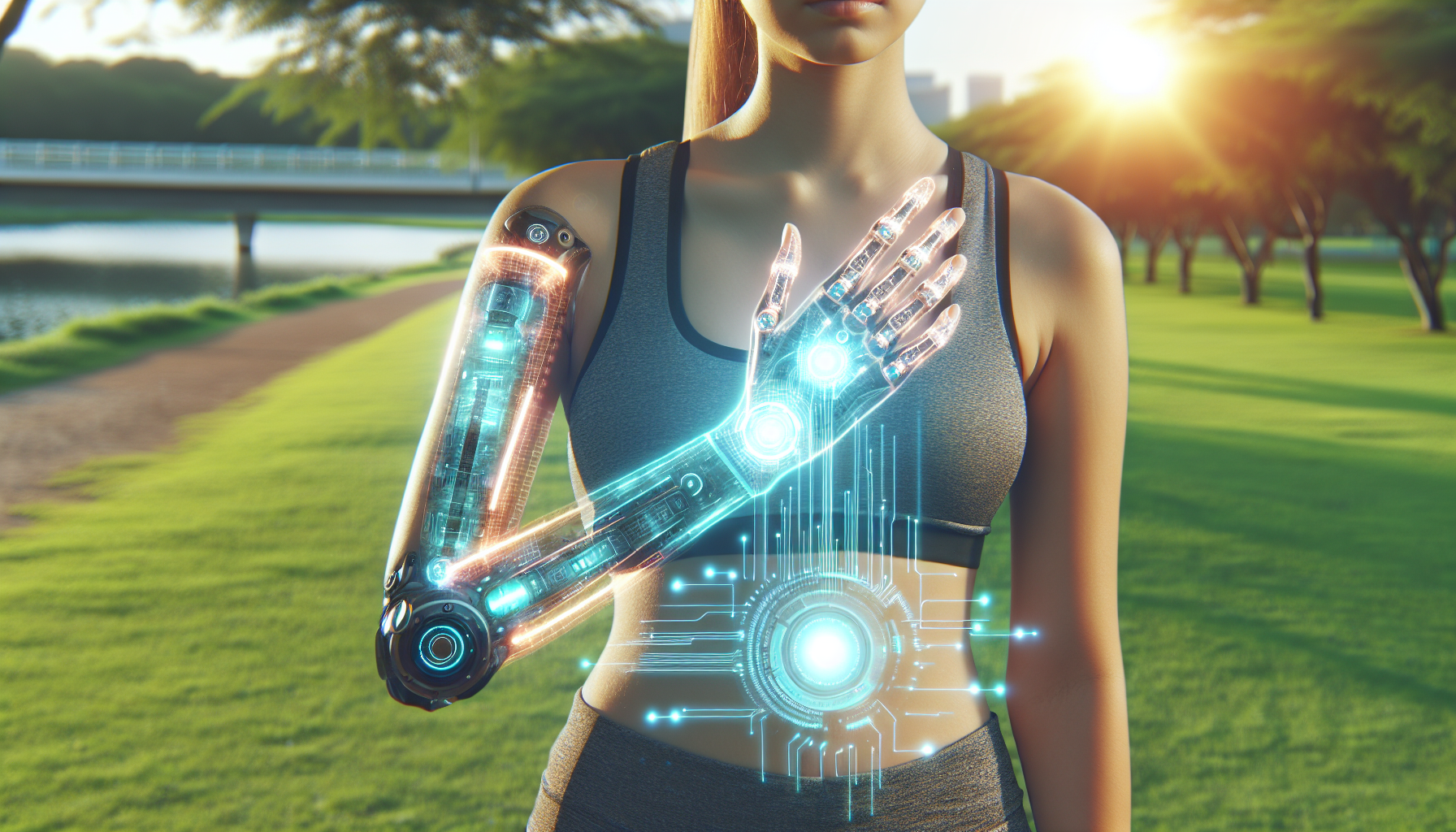 An illustration of advanced prosthetic devices utilizing artificial intelligence and haptic feedback for improved quality of life for amputees.