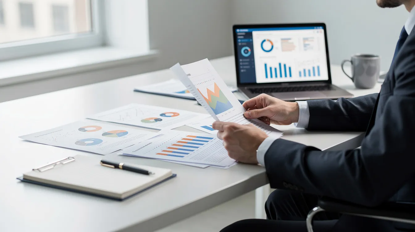 bcbe8742 e206 435b 9591 66d5cd554285 A professional is seated at a desk, intently reviewing documents and charts on a laptop, focusing on the company's financial health, including key metrics like debt service coverage ratio and net operating income. The workspace is organized, reflecting a comprehensive analysis of financial statements and obligations, essential for strategic planning and loan approval.