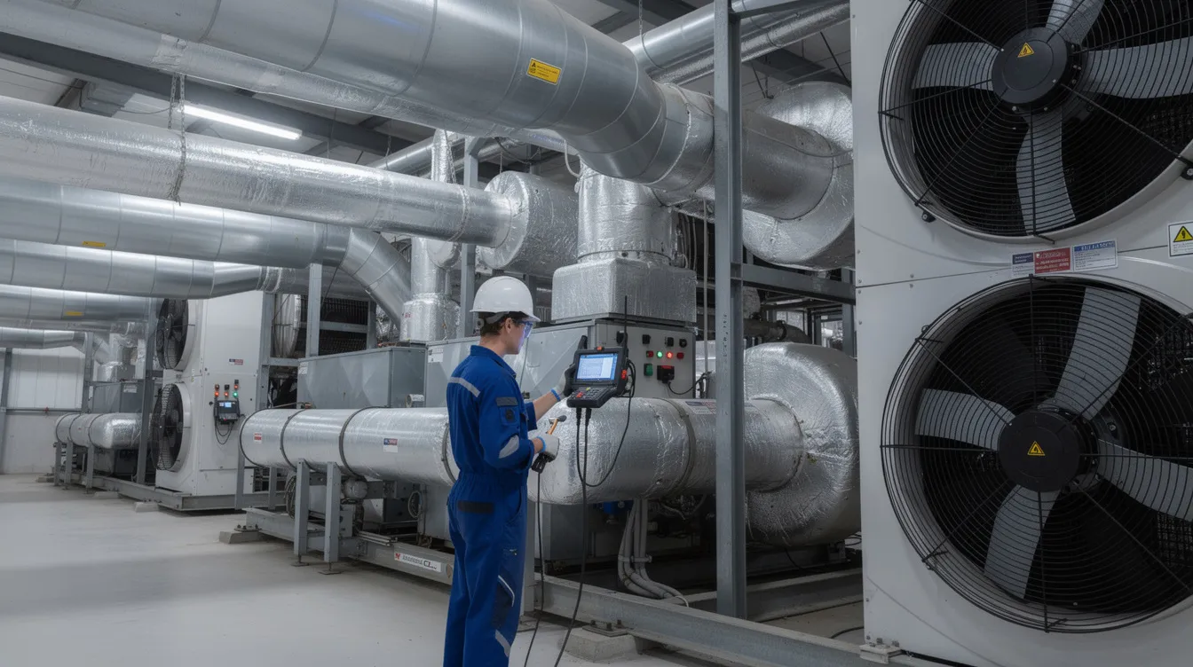 A technician is working on large industrial cooling equipment, surrounded by visible pipes and fans, showcasing the technical expertise required in skilled trades. This scene highlights the essential role of skilled trade workers in maintaining complex air conditioning systems within industrial settings.