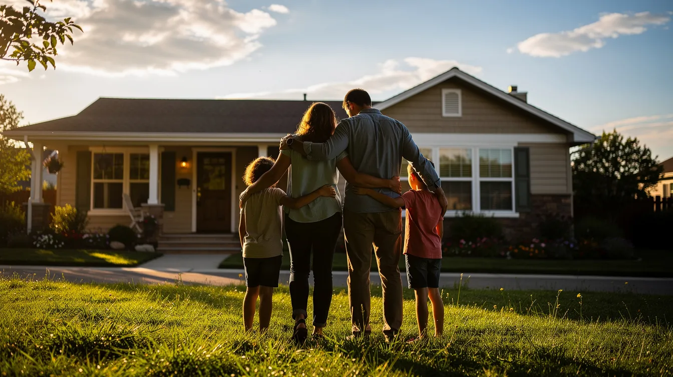 A family stands together in their front yard, looking at their home with expressions of concern, possibly contemplating their mortgage payments and the potential for foreclosure. They may be considering options to avoid foreclosure and seeking assistance from housing counselors to navigate their financial situation.