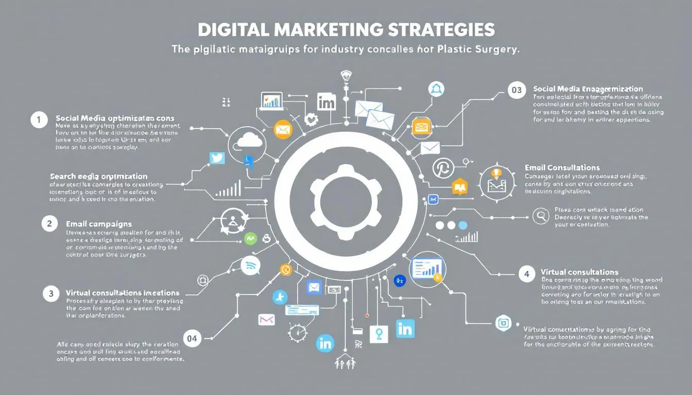 An advertisement for digital marketing strategies in plastic surgery, showcasing various online ads and promotions.