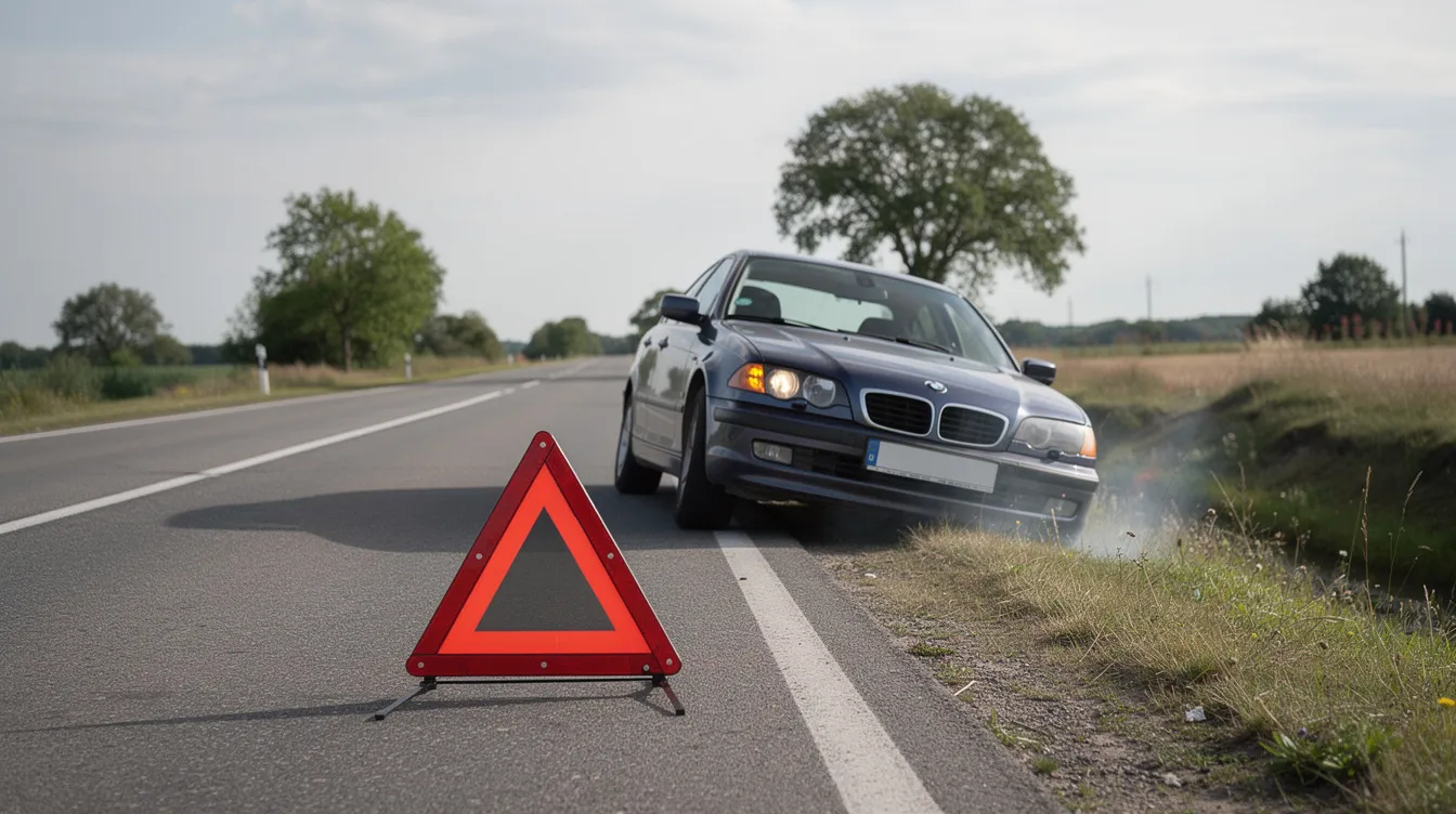 Une voiture de location est en panne sur le bord de la route, avec un triangle de signalisation placé derrière pour alerter les autres conducteurs. Cette situation peut nécessiter une assistance ou un dépannage, en fonction des conditions générales du contrat de location.
