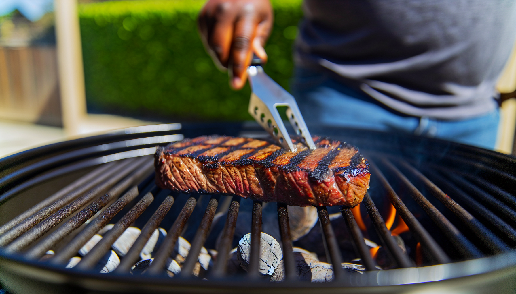 Flank steak sizzling on a grill