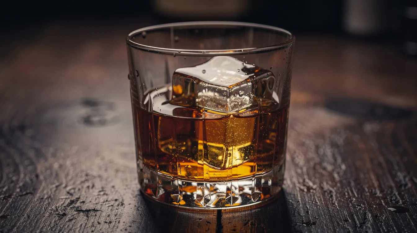 A glass of amber whisky, resembling Johnnie Walker Black Label, sits on a dark wooden surface, featuring a single large ice cube that slowly melts, hinting at the drink's rich, blended whisky character. The warm hue and inviting presentation cater to whisky enthusiasts and evoke a moment of relaxation and enjoyment.