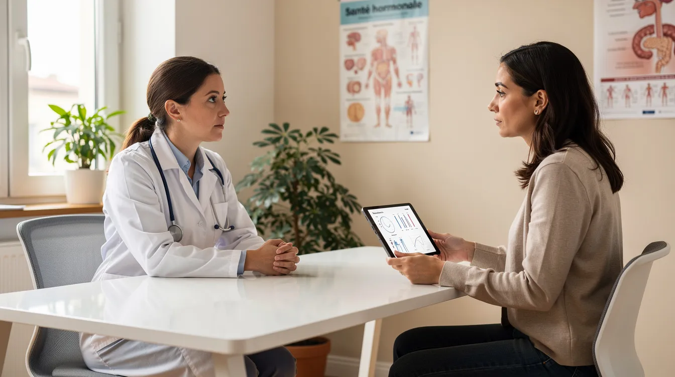 Une femme est en consultation médicale, discutant de sa santé hormonale avec un endocrinologue. Elles abordent des sujets tels que le taux de testostérone chez la femme, les effets sur le cycle menstruel et le bien-être général.