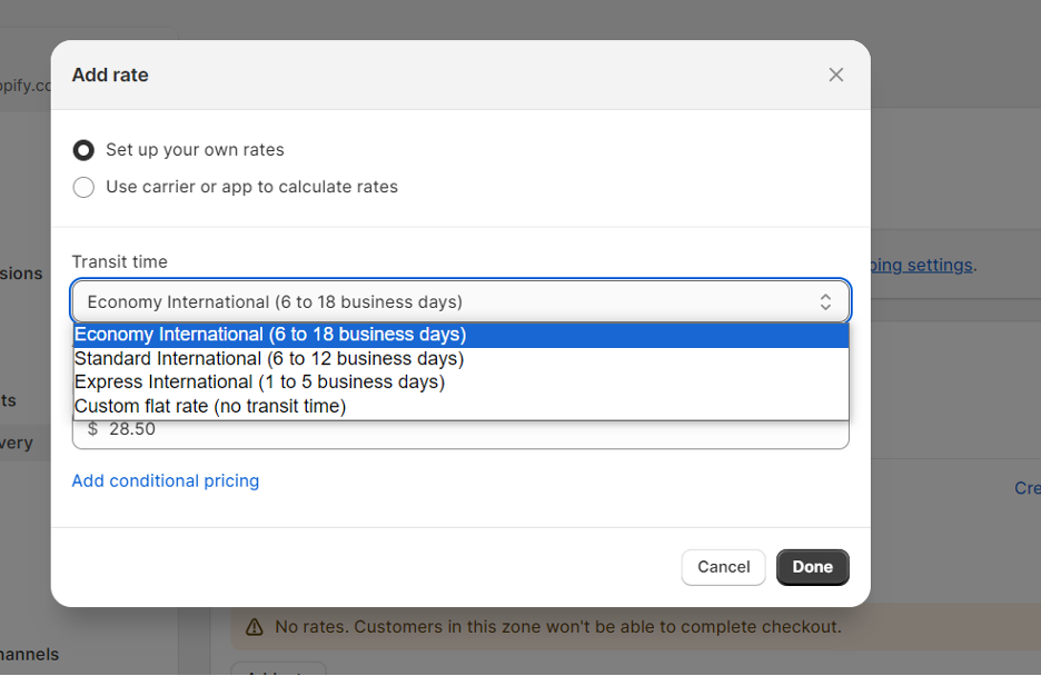 Shopify dashboard - Shipping and delivery settings - Setting the estimated shipping time