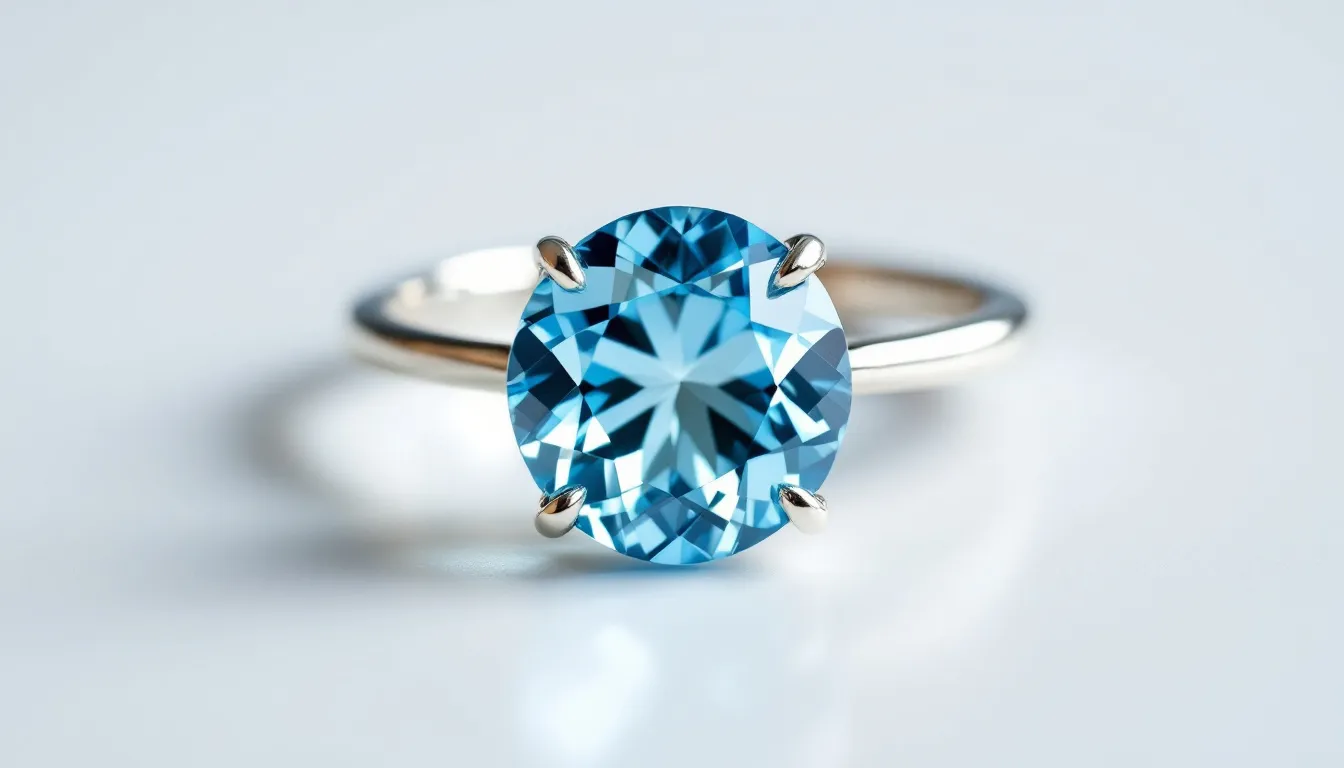 The image showcases a stunning blue topaz, December's birthstone, set in a delicate sterling silver pendant. The gemstone features vibrant sky blue hues, capturing the essence of turquoise jewelry, and is surrounded by an elegant design that highlights its brilliance.