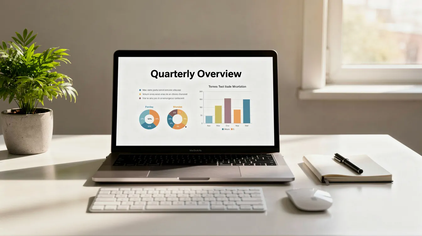 The image shows an organized desk featuring a laptop that displays a clean presentation slide, symbolizing an efficient workspace for proposal creation. This setup highlights the importance of proposal automation tools in streamlining the entire proposal process, allowing teams to generate winning proposals with minimal manual effort.