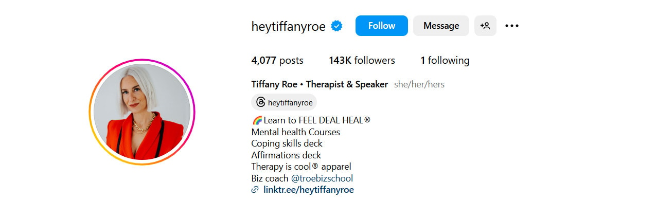 Tiffany Roe's Instagram bio with the keyword therapist.