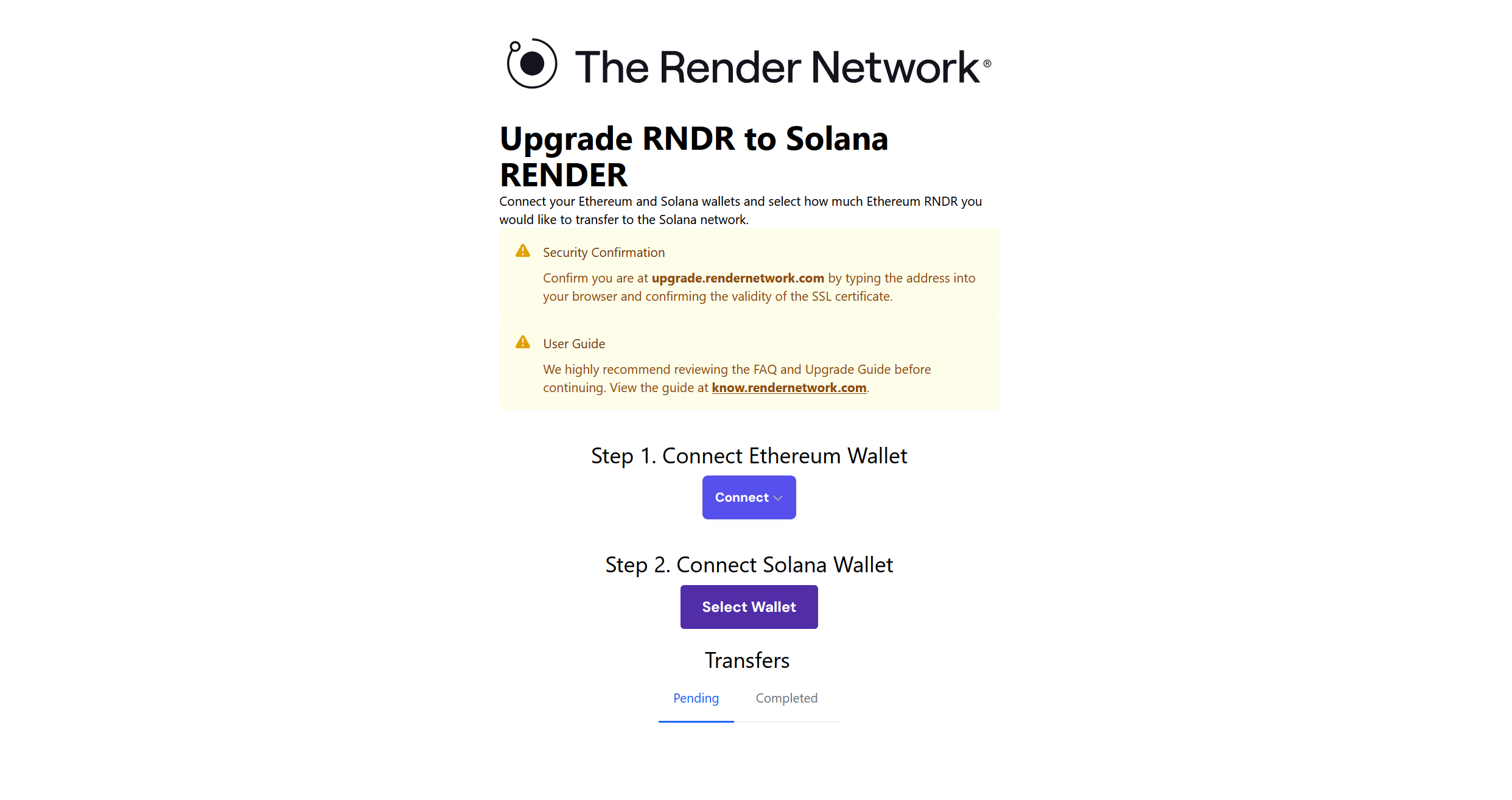 Official upgrade portal for RNDR to RENDER 1:1 token swaps