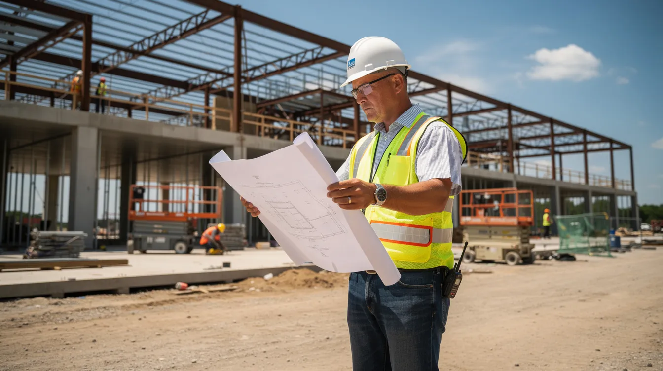 Construction superintendent reviewing blueprints on an active commercial jobsite.