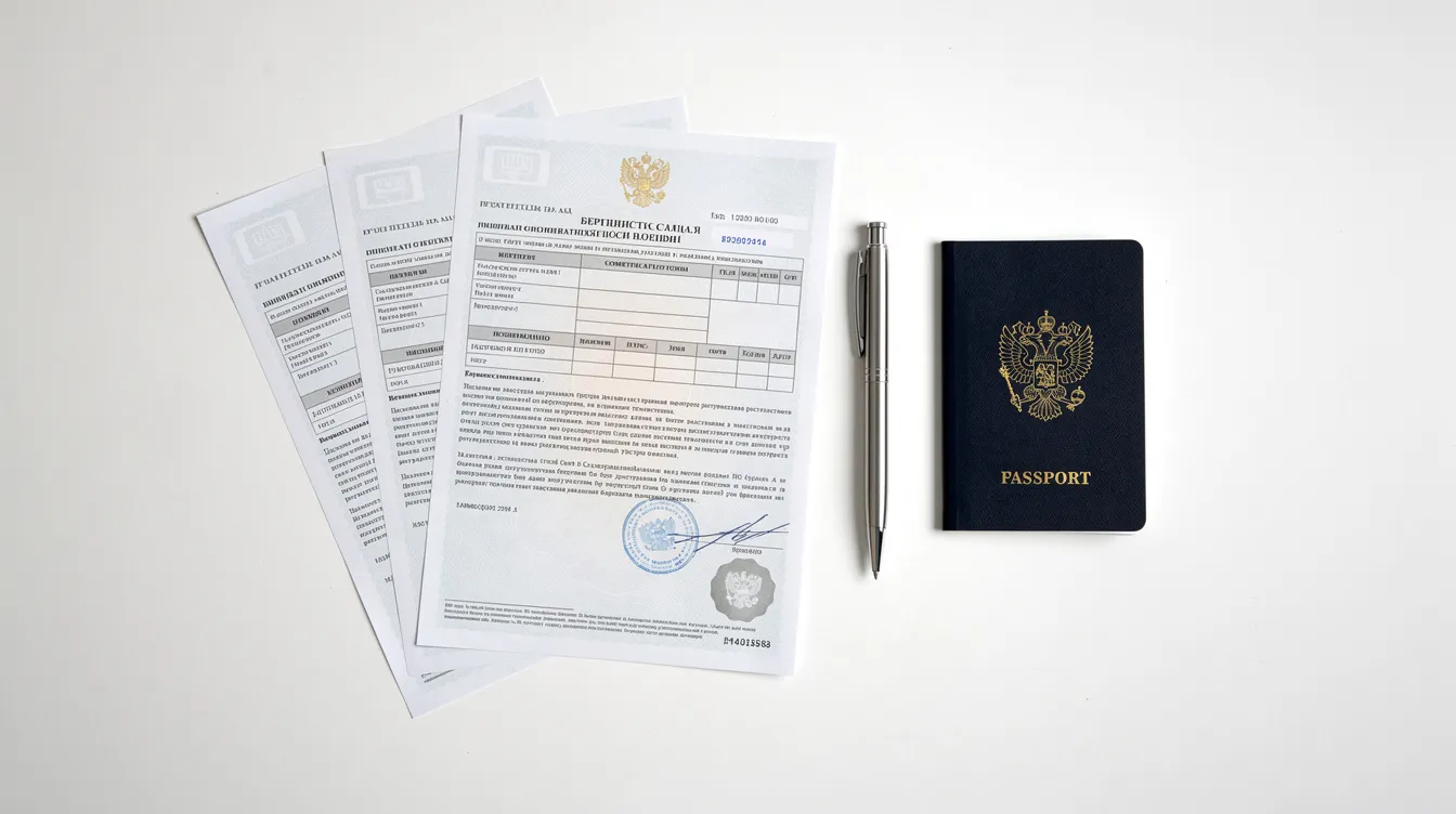 The image features a neatly arranged layout of official documents, including a passport and a pen, placed on a clean white desk surface. This setup could represent important paperwork related to banking services, such as opening bank accounts or conducting international money transfers at one of Turkey's leading private banks.