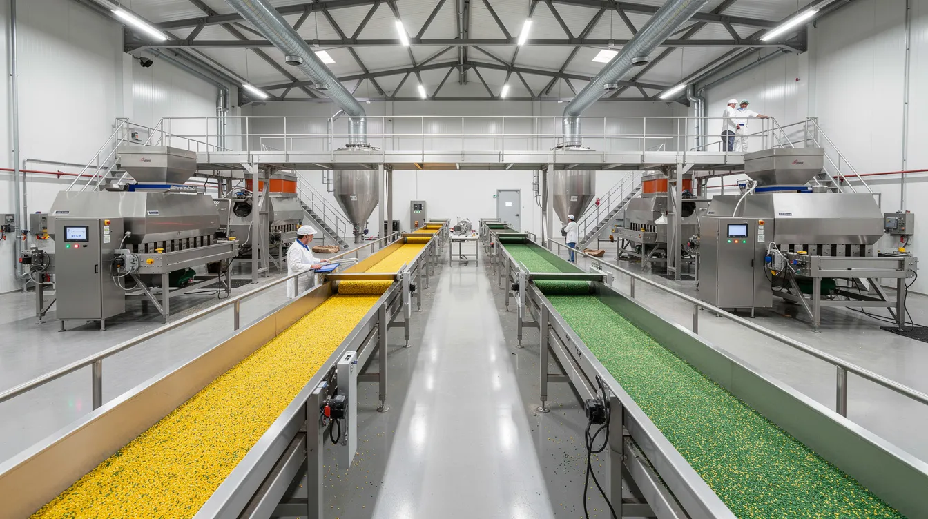 bccf50e0 f3bf 479f ad50 618650cf3f7b The image shows the interior of a modern dal mill processing facility, featuring active conveyor systems and pulse cleaning machinery, highlighting the efficient operations of a dal mill plant. This setup reflects the rising demand for processed pulses, showcasing the operational efficiency and consistent quality that small dal mill units strive to achieve.