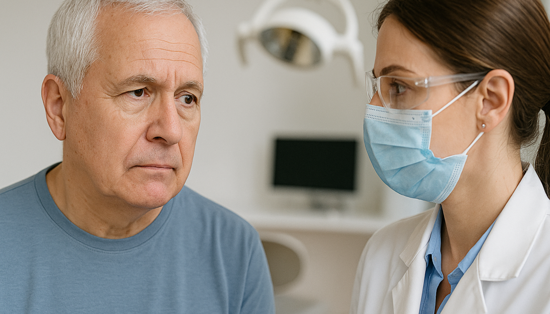 Pasient og tannlege i samtale på klinikk.
