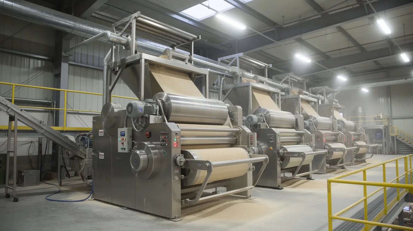 bccffa71 52ae 485b 9163 22c985d96f03 The image depicts industrial grain milling machinery inside a food processing factory, showcasing the production process of high-quality gram flour, specifically besan. The equipment is designed for efficient grinding of raw materials like Bengal gram and chana dal, emphasizing the importance of consistent quality and productivity in the besan manufacturing industry.