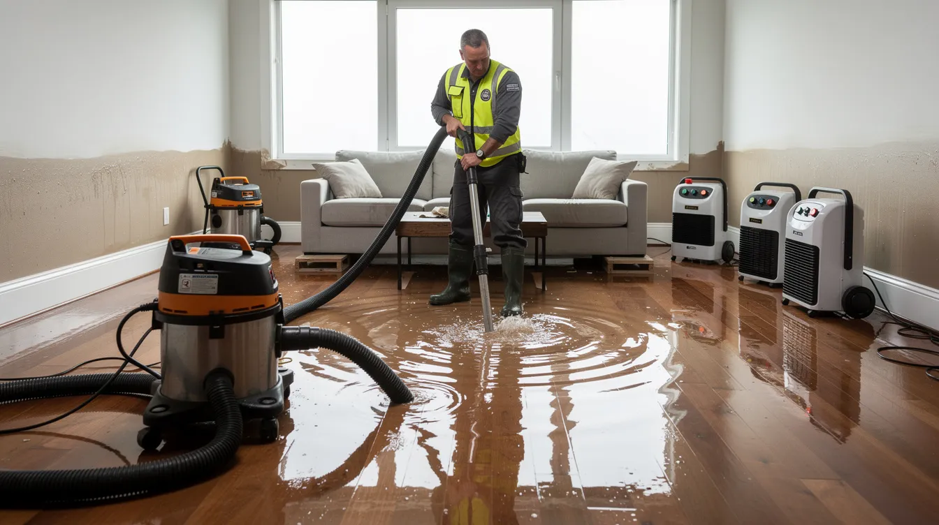 The image shows professional water extraction equipment actively removing standing water from a flooded residential living room, highlighting the urgent need for storm damage restoration following severe storms. This process is crucial to prevent mold growth and further damage to the property, ensuring a safe and healthy indoor air quality for residents.