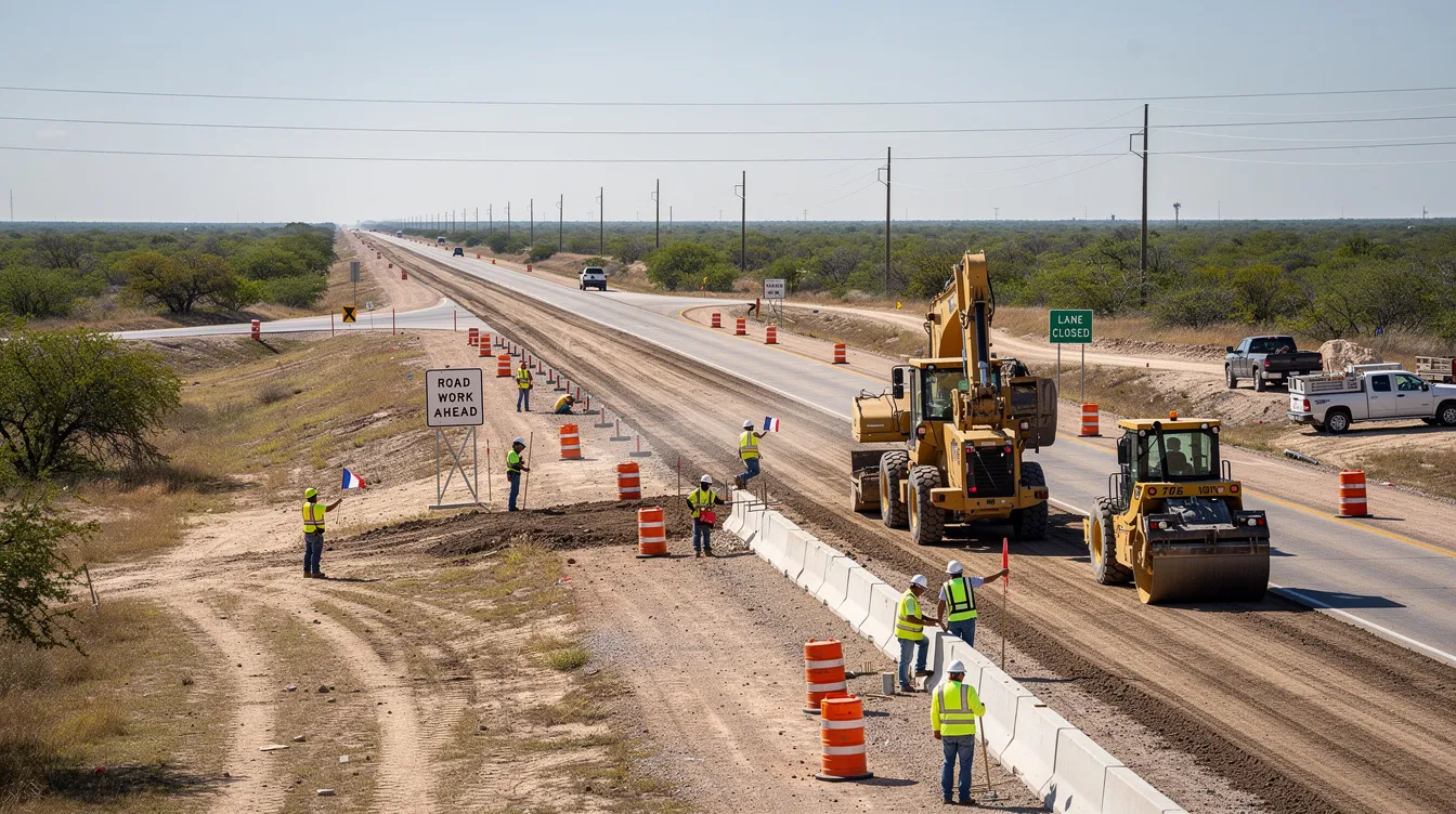 The image shows a highway under construction in a flat South Texas landscape, featuring heavy equipment and workers actively engaged in the project. The scene highlights the ongoing efforts to improve infrastructure, reflecting the collaboration between employers and workers in a dynamic setting.