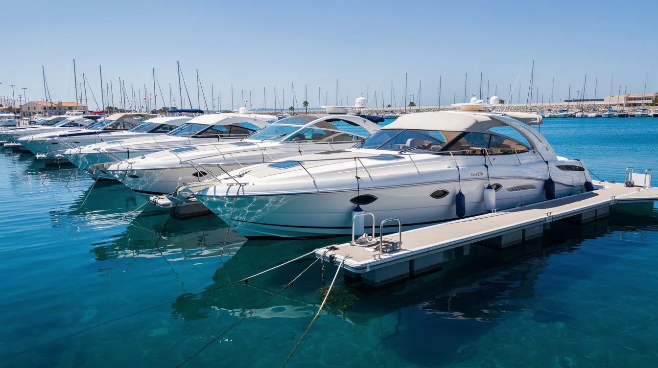 The image shows several white fiberglass boats docked at a marina, surrounded by clear blue water. These fiberglass boats, made from composite materials, reflect the sunlight, highlighting their smooth, durable surfaces.