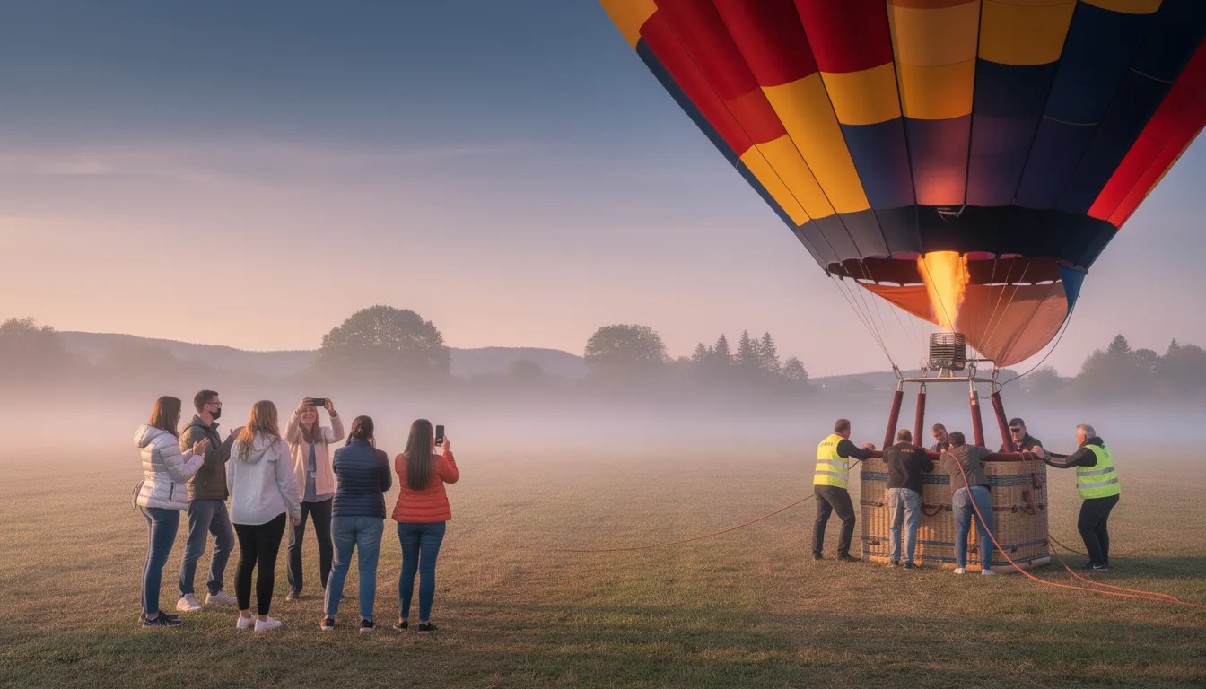 A hot air balloon is being inflated by a professional ground crew at dawn, with passengers eagerly waiting nearby to embark on their unforgettable balloon flight over the diversified landscape of Marrakech, Morocco. The soft glow of the sunrise casts a warm light on the scene, highlighting the majestic High Atlas Mountains in the background.