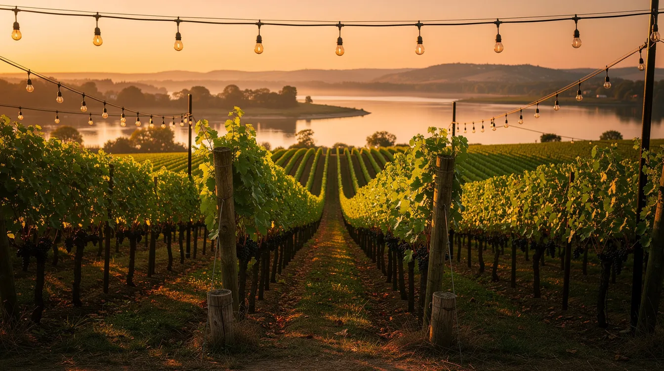 The image depicts vineyard rows stretching towards the Sacramento River during golden hour, with charming string lights overhead, creating a picturesque setting ideal for wine tasting events in Clarksburg wine country. Guests can relax and celebrate amidst the lush vines, enjoying the serene beauty of this California delta gem.
