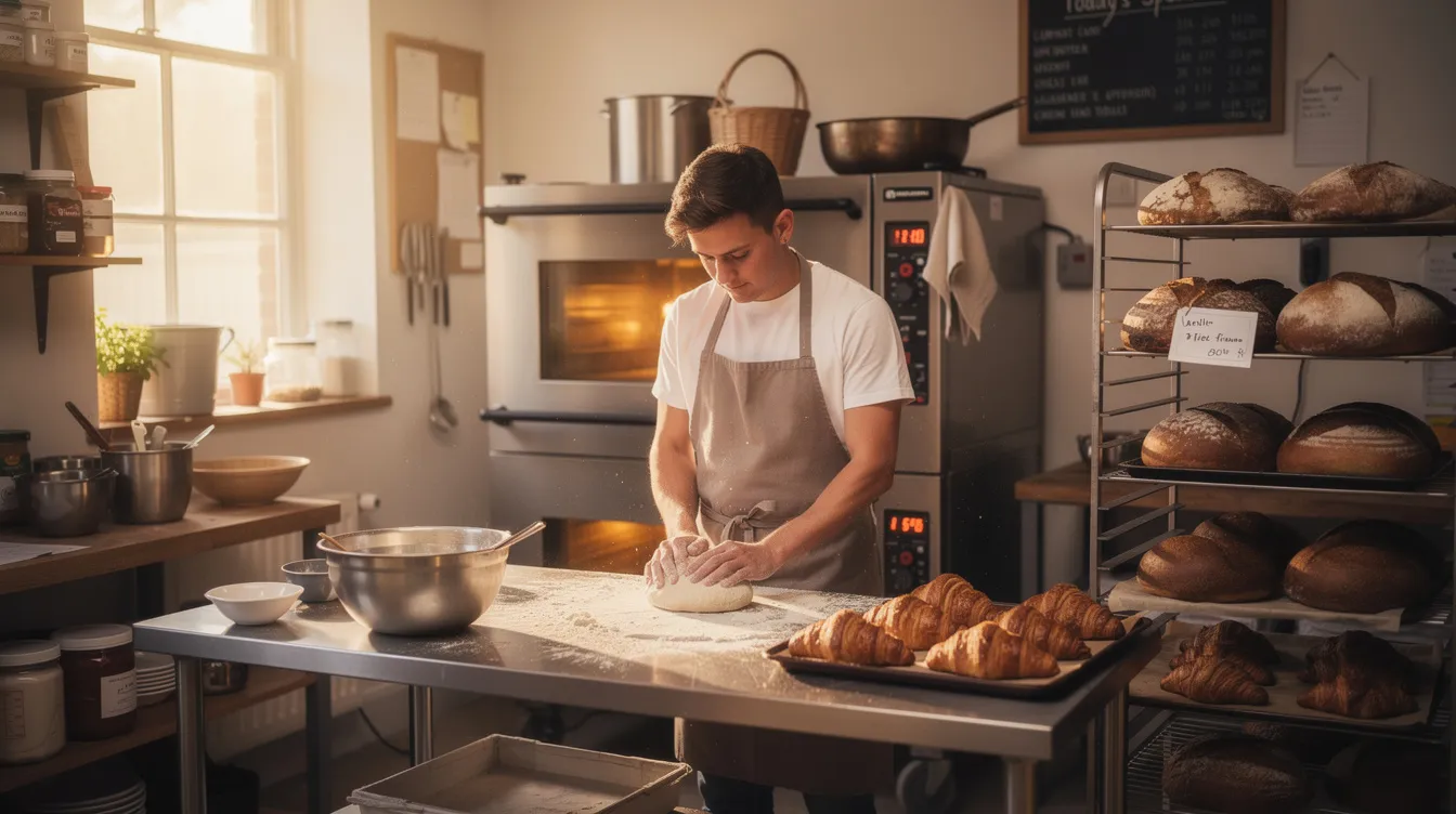 bcd3755a 47dd 4bc1 986f 38ffeee6be6b A young entrepreneur is seen in a small bakery kitchen, skillfully preparing various baked goods. The scene captures the essence of a new business, showcasing the entrepreneur's dedication to their craft as part of their journey towards establishing a successful venture, possibly supported by a mudra loan project.