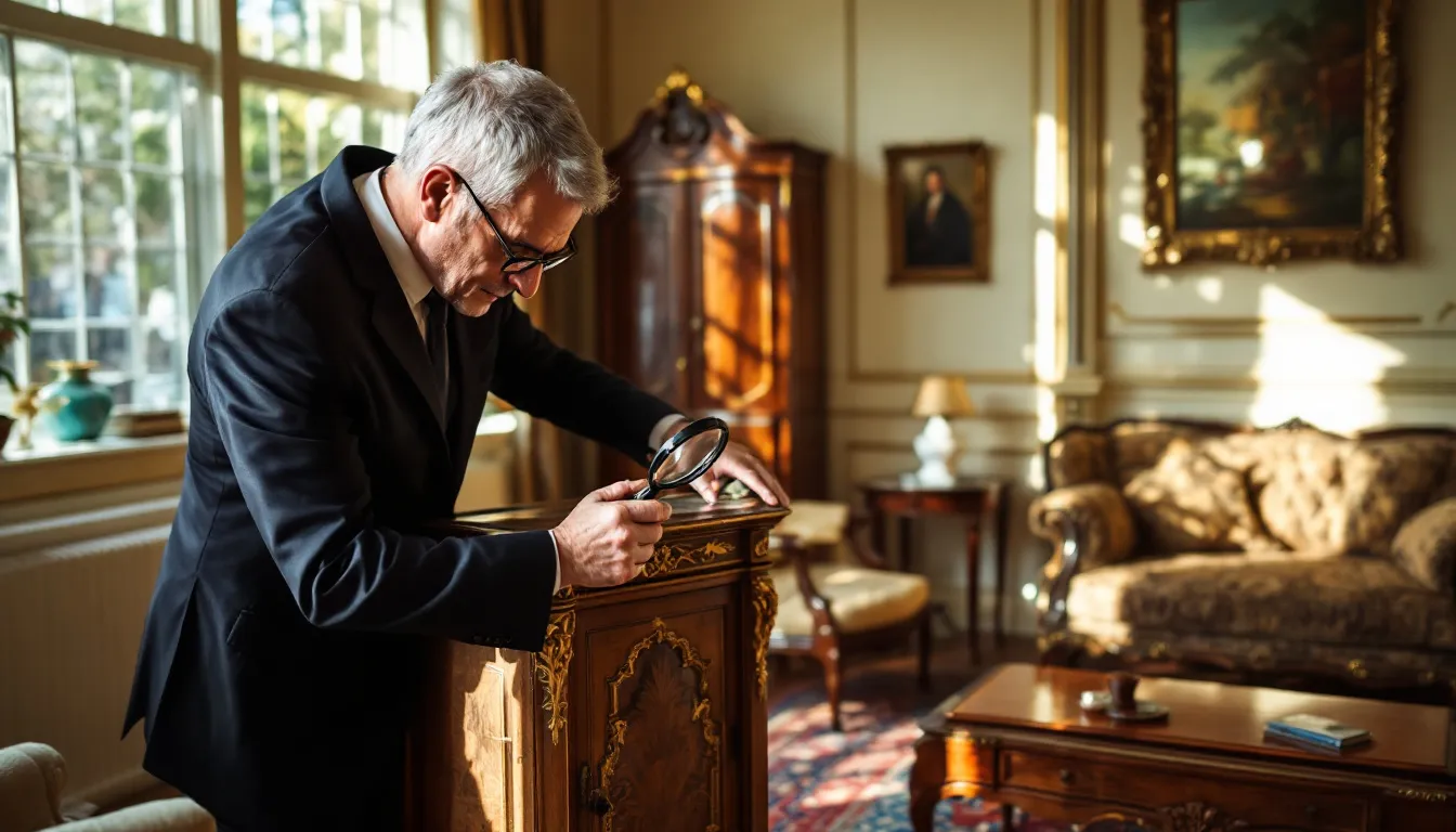 Na zdjęciu widzimy eksperta oceniającego antyki w domu klienta, otoczonego starymi meblami i unikalnymi przedmiotami. Specjalista przeprowadza profesjonalną wycenę staroci, pomagając właścicielowi zrozumieć wartość jego starych przedmiotów i możliwości ich sprzedaży.