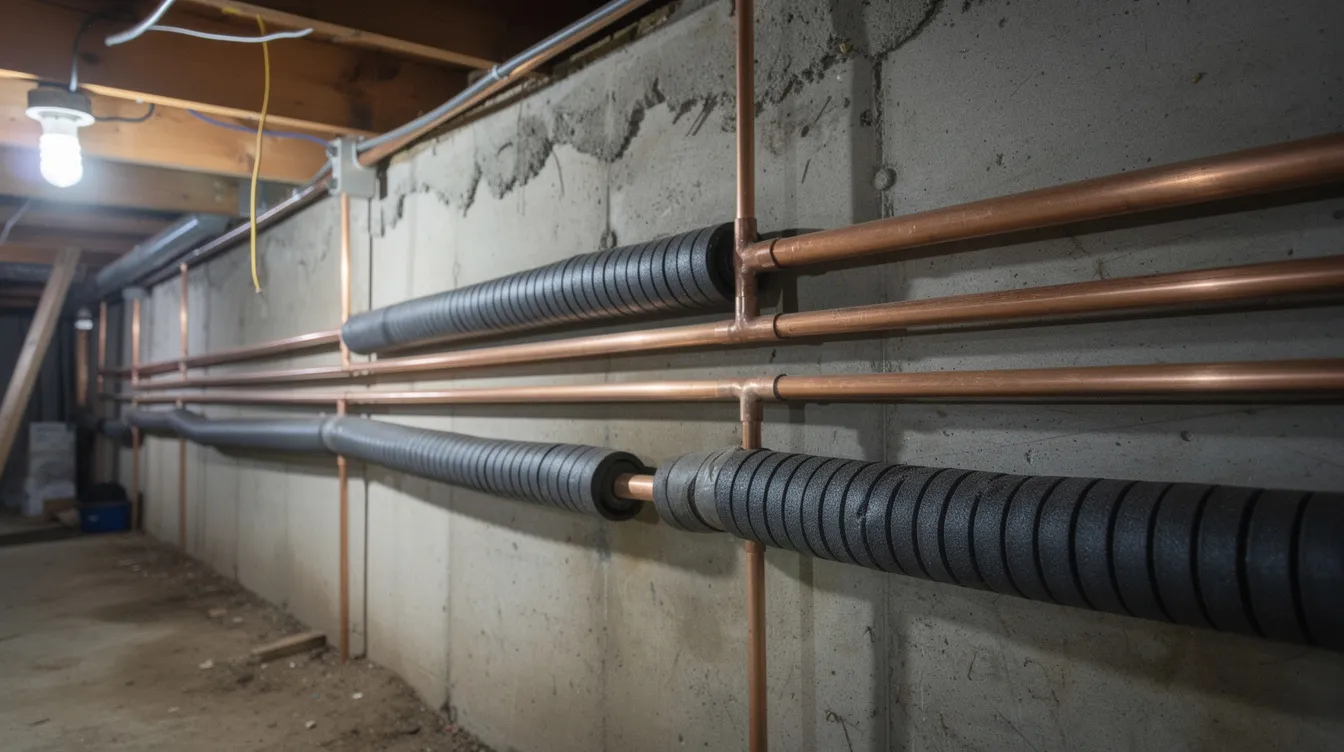 The image shows foam pipe insulation neatly wrapped around copper pipes in a basement or crawlspace, designed to prevent frozen pipes and maintain the efficiency of the water supply. Proper insulation helps protect against burst pipes and reduces the risk of hidden leaks, ensuring that plumbing fixtures function effectively.