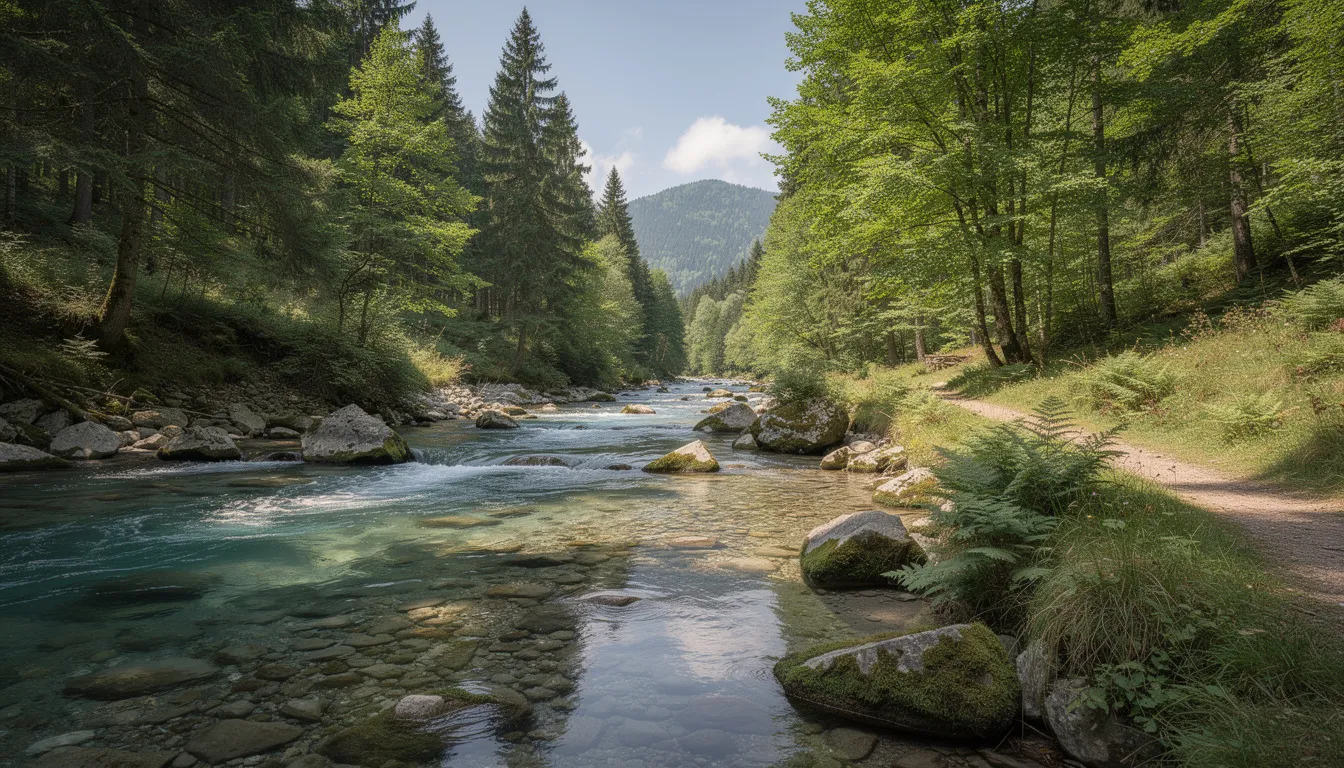 Na obrazie widać malowniczą górską rzekę w Polsce, z przejrzystą wodą płynącą między zalesionymi brzegami, co tworzy idealne warunki do wędkarstwa muchowego. Wędkarze muchowi mogą tu łowić ryby, takie jak pstrągi i lipienie, używając lekkich wędek oraz sztucznych much.