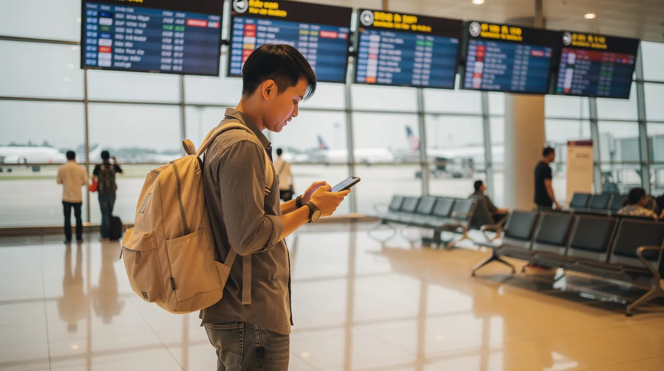 A traveler is seen using a smartphone in the departure area of a Vietnamese airport, likely accessing digital payment options for their upcoming online purchases or to pay bills. The scene reflects the growing trend of cashless payments in Vietnam, where popular payment methods include digital wallets and card payments.
