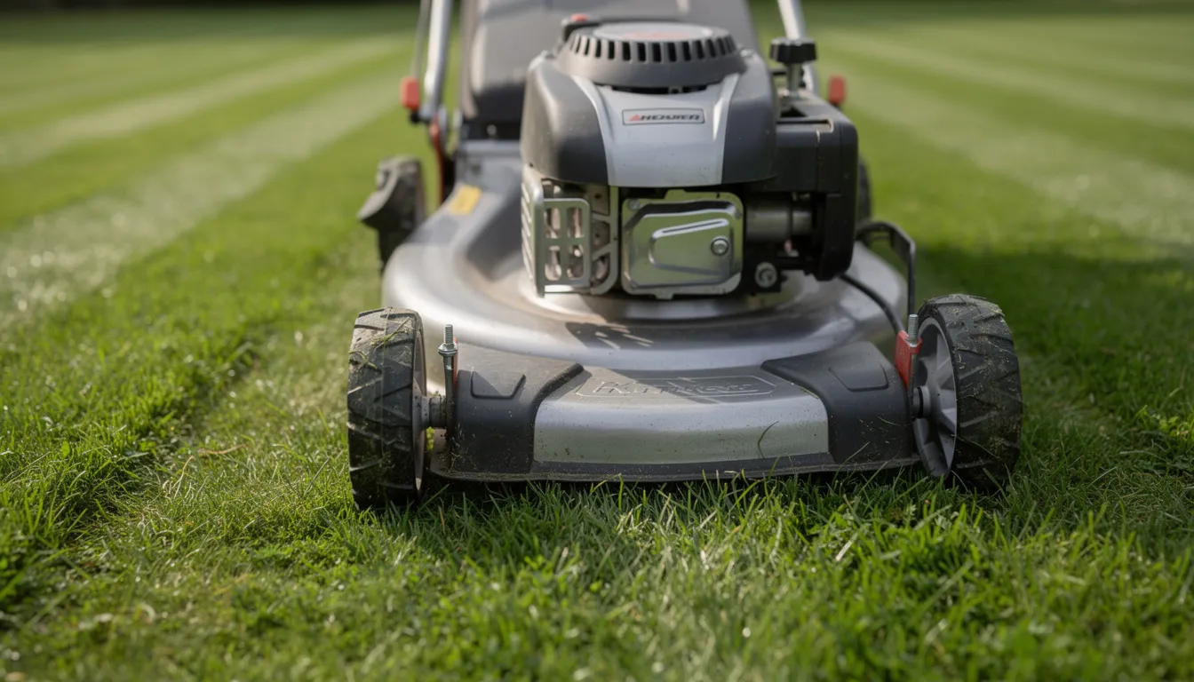 A close-up view of a lawn mower sits on a lush, green lawn, showcasing neat stripes that indicate recent lawn mowing. This image highlights the importance of regular maintenance for lawn health, reflecting the expertise of local lawn experts in delivering professional gardening services.