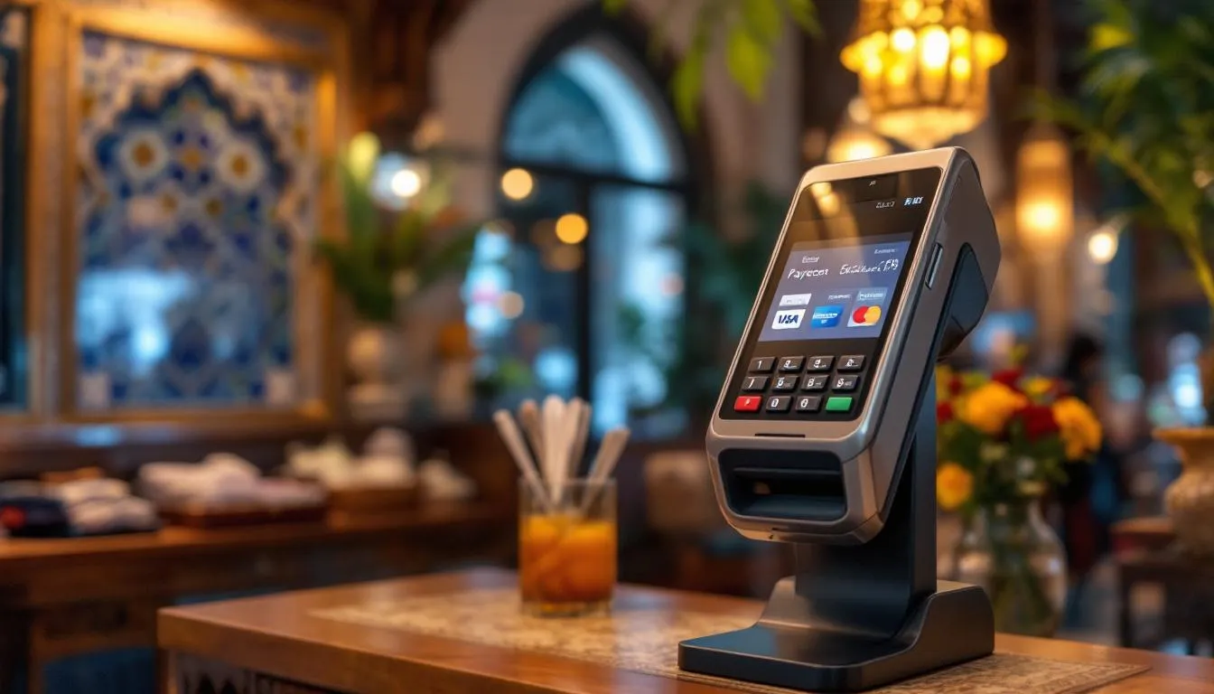 A modern payment terminal is displayed in a Moroccan shop, showcasing options for card acceptance, including credit and debit cards. This terminal facilitates transactions in the local currency, the Moroccan dirham, ensuring a smooth and enjoyable experience for customers.