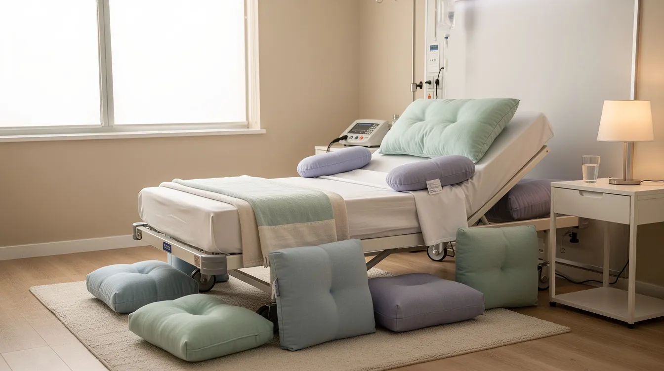 The image depicts a peaceful recovery suite featuring comfortable positioning cushions designed for patients recovering from a Brazilian butt lift procedure. The serene environment is ideal for those seeking buttock augmentation, ensuring a restful healing process after surgery.