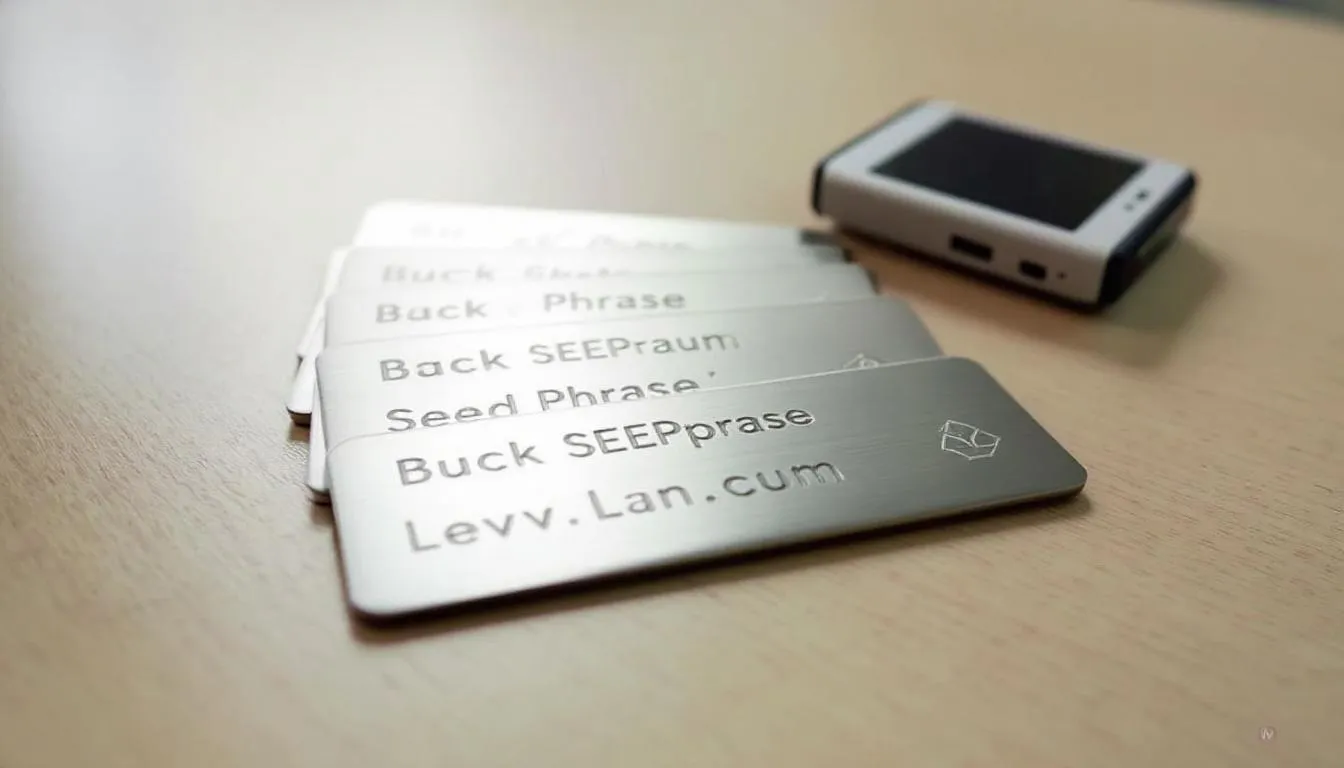 The image shows metal backup plates designed for securely storing seed phrases alongside a hardware wallet, emphasizing the importance of crypto security and cold storage for safeguarding private keys. These plates provide an extra layer of protection for digital assets, ensuring maximum security against potential threats.