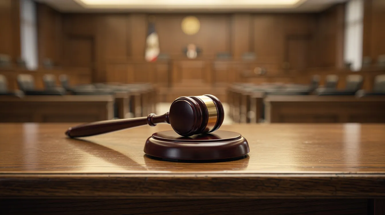 The image features a wooden gavel resting on a polished desk in a courtroom, symbolizing the legal process and the importance of legal representation in personal injury cases. This setting reflects the serious nature of personal injury law, where attorneys advocate for accident victims seeking compensation for their injuries.