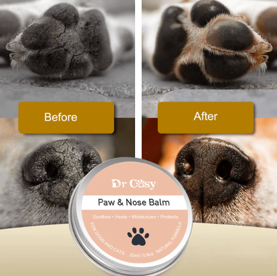 Cracked dry dog paws and dog noses before and soft dog's paws and nose after dog paw balm