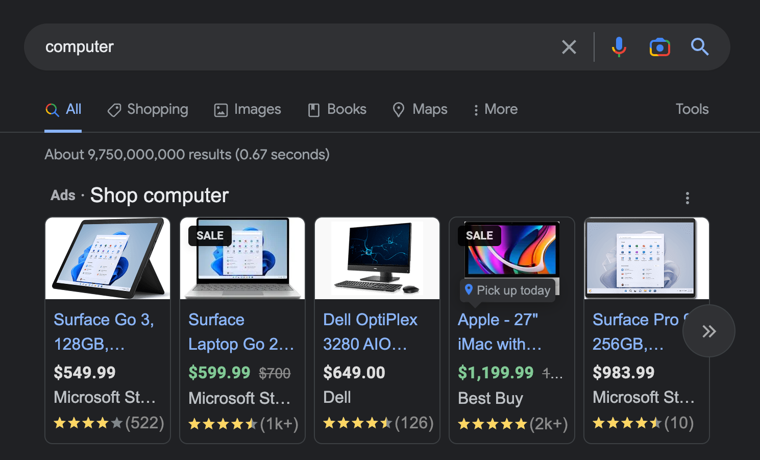 shopping search results on serp