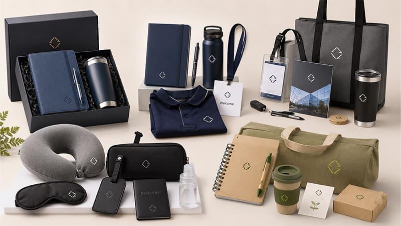 Custom promotional gift kits with branded notebooks, drinkware, bags, apparel, travel accessories, and eco-friendly packaging.