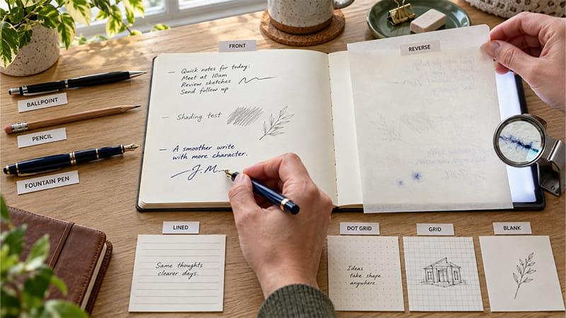 Ballpoint, pencil, and fountain pen tests on notebook paper showing front and reverse-side ink performance alongside lined, dot-grid, grid, and blank page layouts.