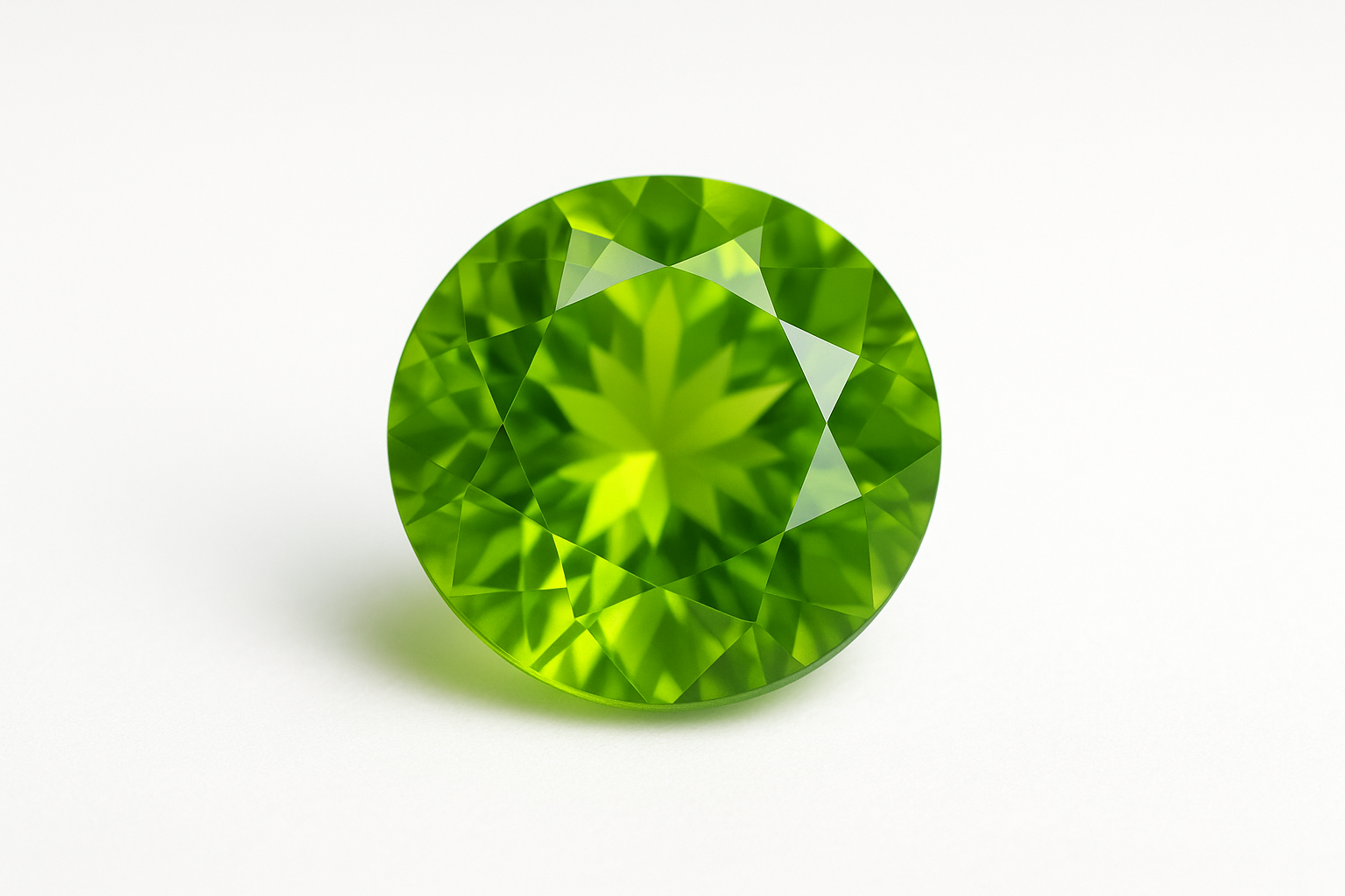 Ryškiai žalios spalvos apvalaus šlifo peridotas ant balto fono. Akmuo spindi šviesia vasariška žaluma, subtilūs šviesos atspindžiai išryškina jo skaidrumą ir tobulą šlifavimą