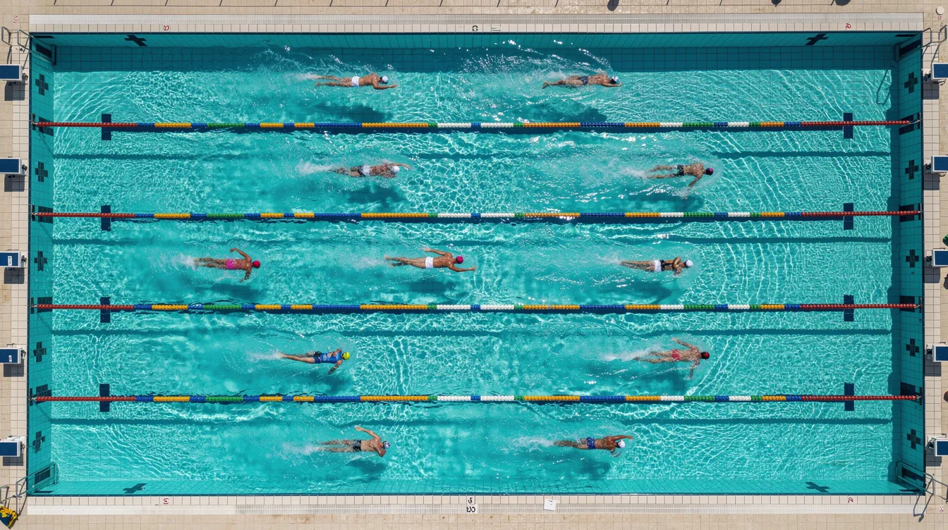 An aerial view of a large swimming pool showcases clearly marked lane dividers, with swimmers actively engaging in different lanes, illustrating a scene of organized activity reminiscent of business process management initiatives where each participant represents a distinct process within a unified model.