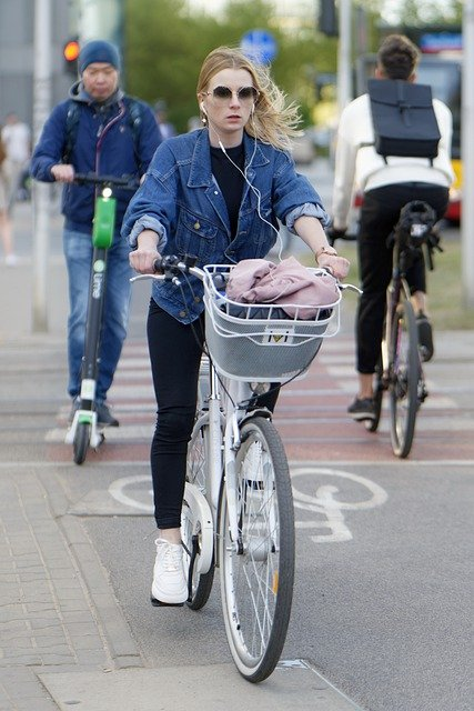 woman, biking, road
