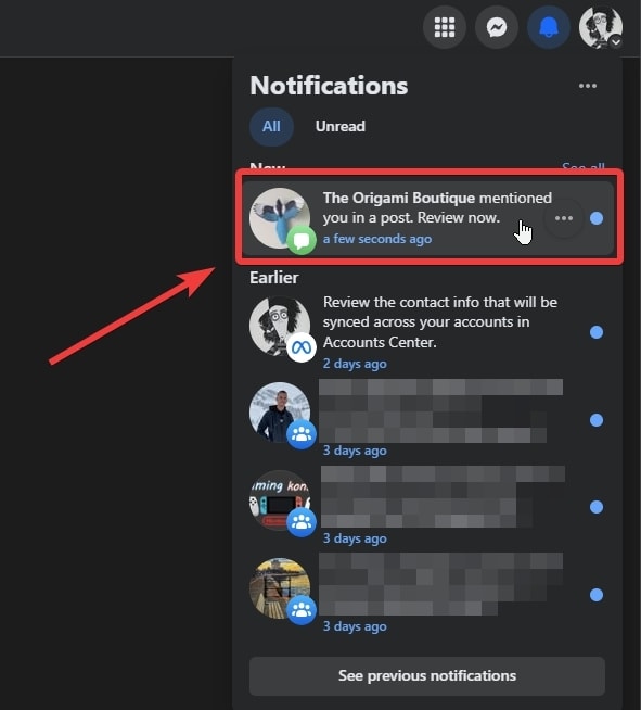 facebook mentions notification example