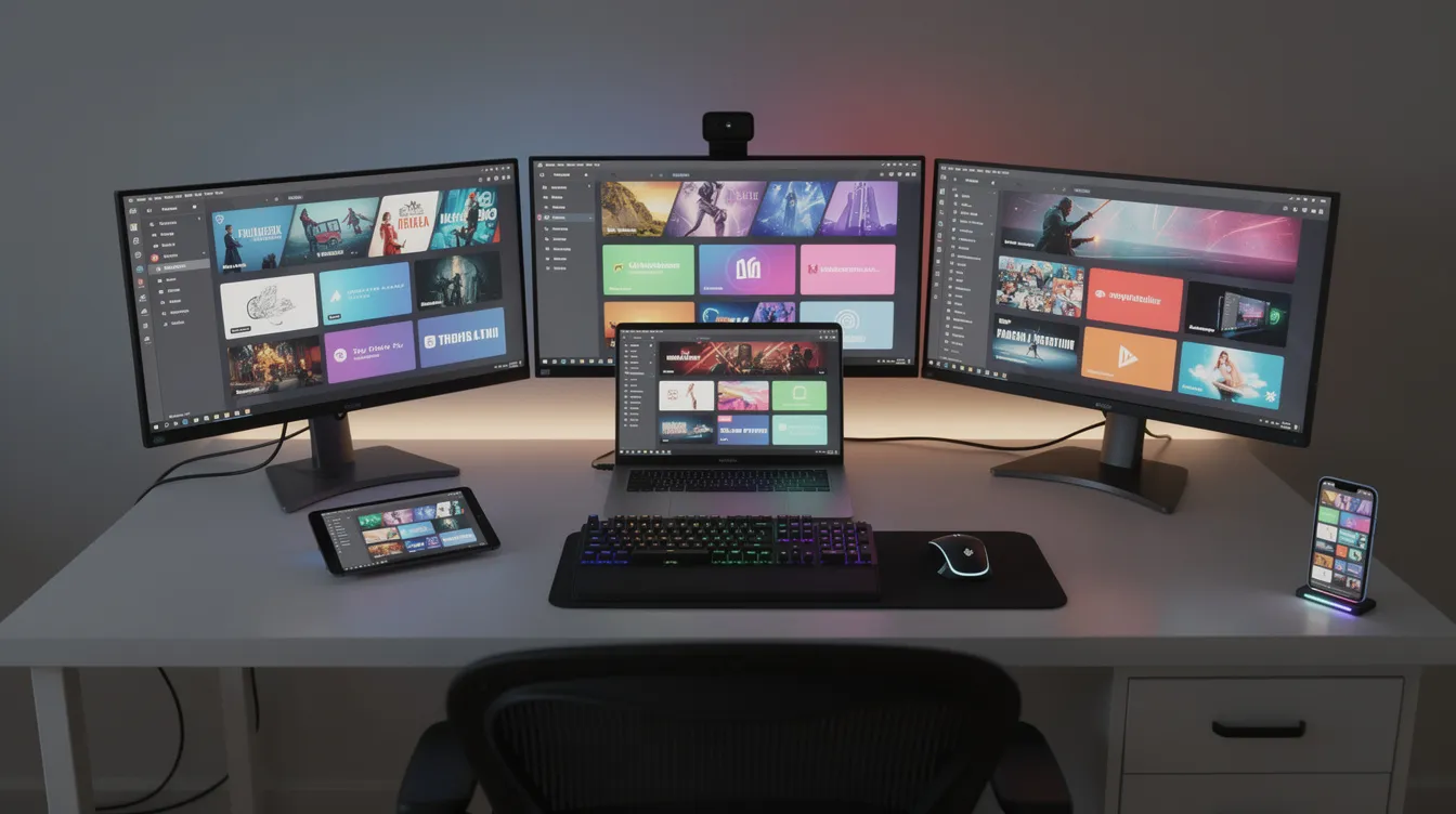 The image depicts a modern desk setup featuring multiple screens displaying various streaming applications, alongside a neatly arranged laptop, tablet, and smartphone. This setup highlights the convenience of using reliable IPTV services on multiple devices for high-quality streaming of live TV channels and on-demand content.