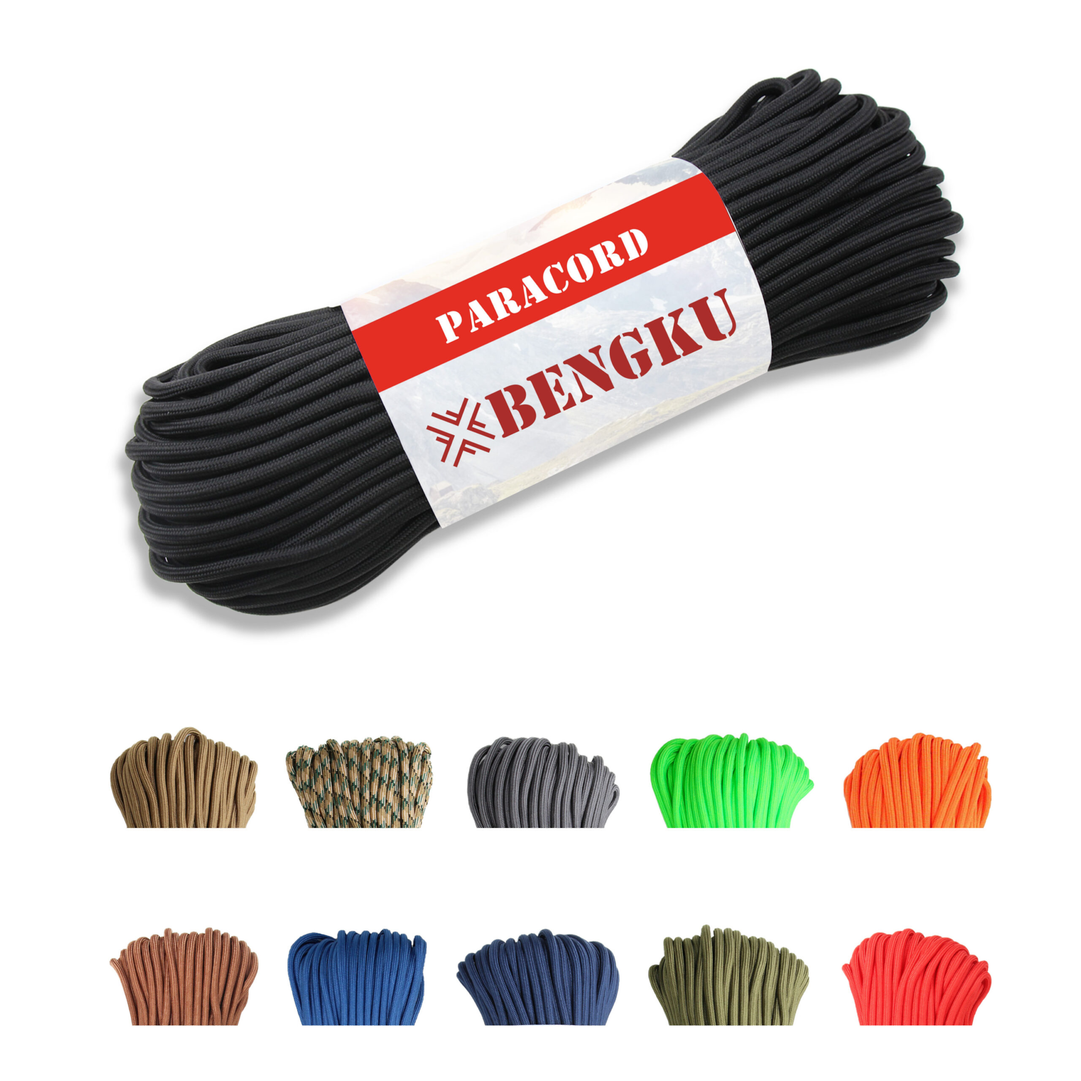 Baiyuheng Outdoor 850lb Nylon/Polyester Paracord in different colors on white background